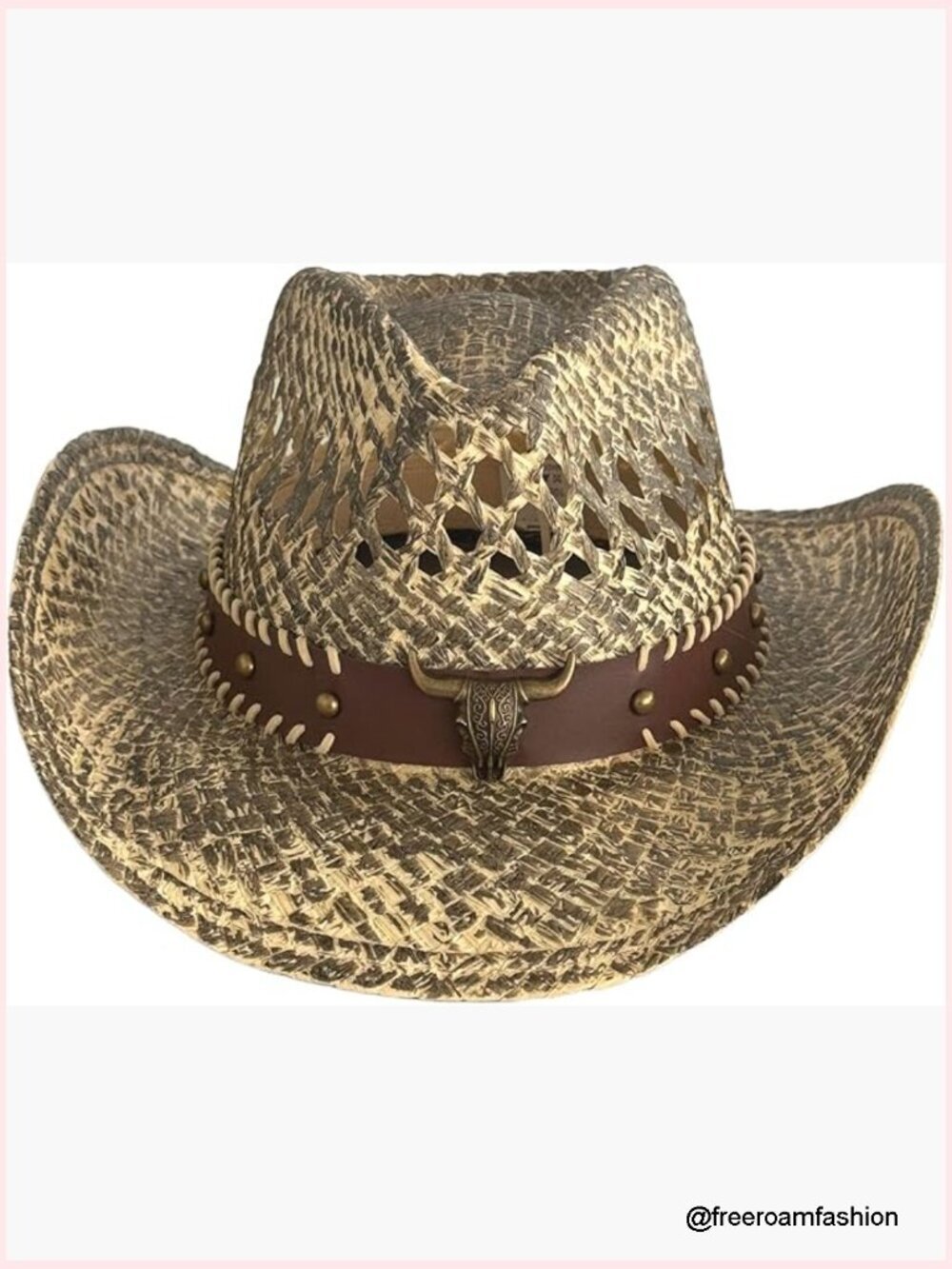 Straw Cowboy Hat with Bull Headband - Woven Wide Brim Sun Hat with Chin Strap